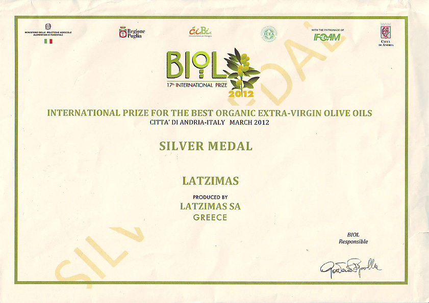 latzimas vraveio organic italia 2012 βραβείο Εξαιρετικό Παρθένο Ελαιόλαδο